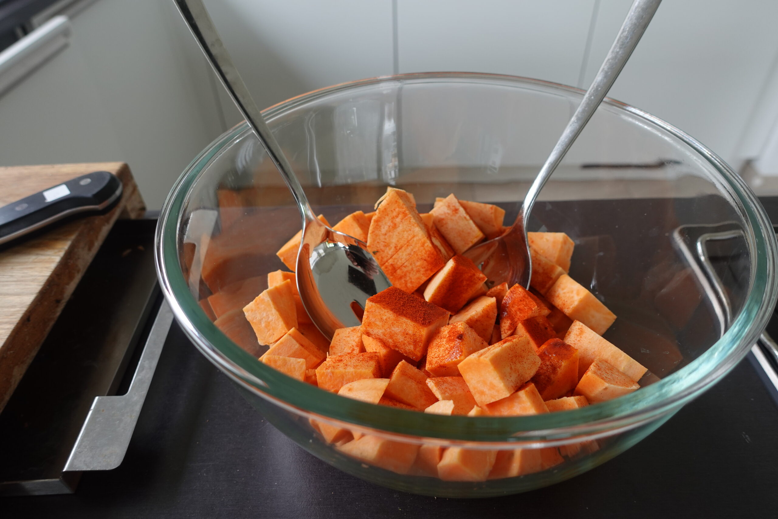 Eintopf, Süßkartoffeln, würfel, schneiden